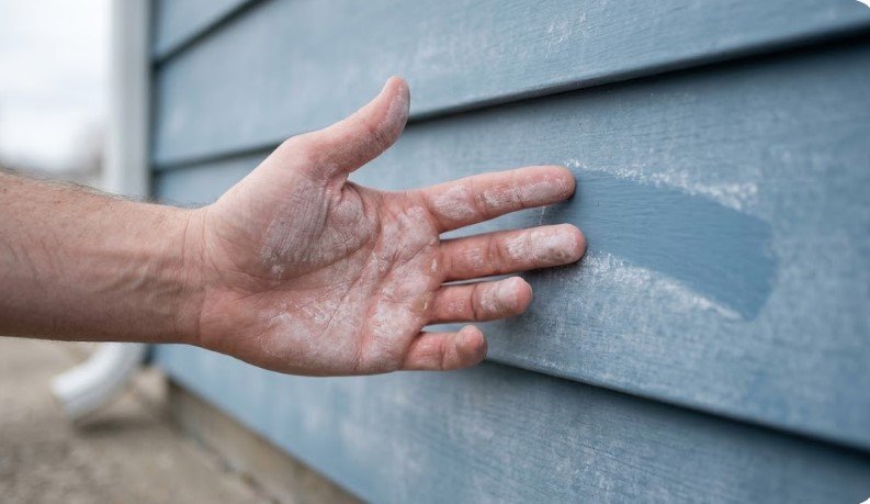 Hand showing white chalking residue from faded blue-gray house siding in Indiana