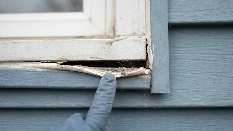 Failed caulk and peeling paint at window trim corner on blue-gray siding, finger pointing to gap