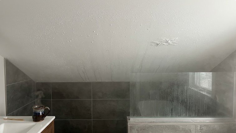 Water droplets and drip streaks from shower steam on a sloped white bathroom ceiling above dark tile