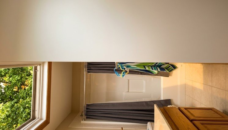 Smooth, freshly painted white bathroom ceiling above a shower with green trees outside the window