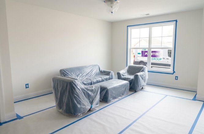Empty living room with the furniture covered in taped paper before painting