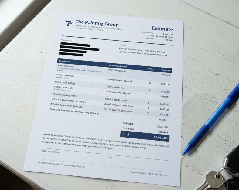 Itemized interior painting estimate with the customer's name and address blacked out